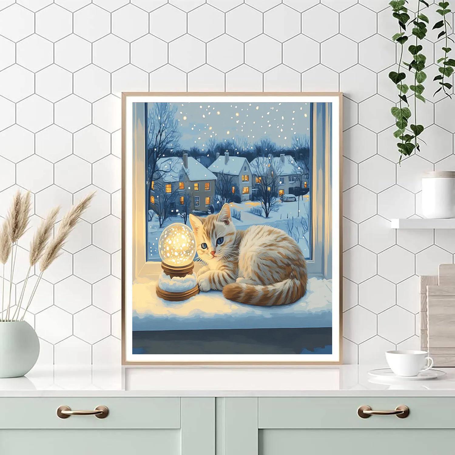 Figaro Cozy Window Snow Globe Night Painting by numbers kit