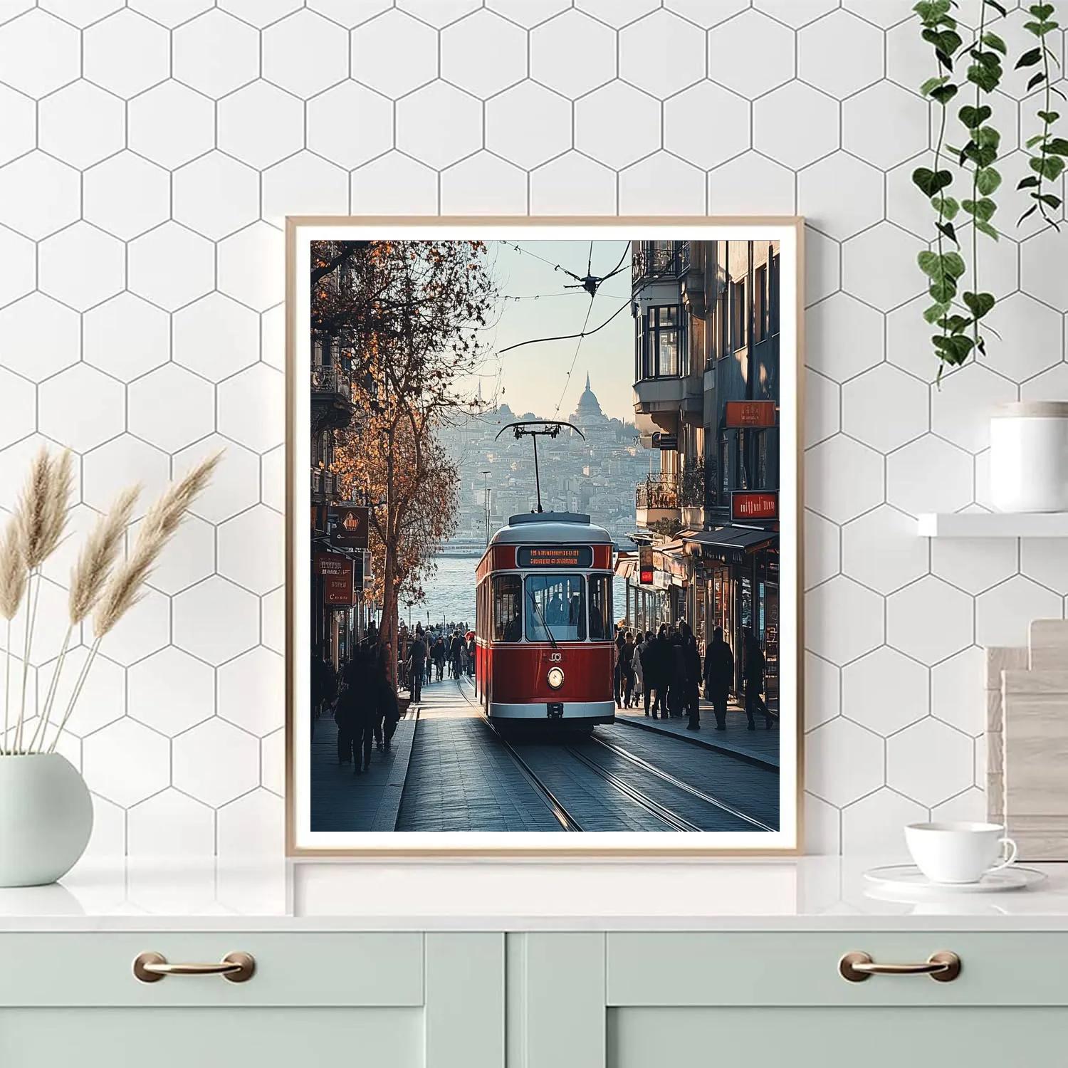 Historic Trams And Sea View At Taksim To Karakoy Line Istanbul Turkey DIY paint by numbers