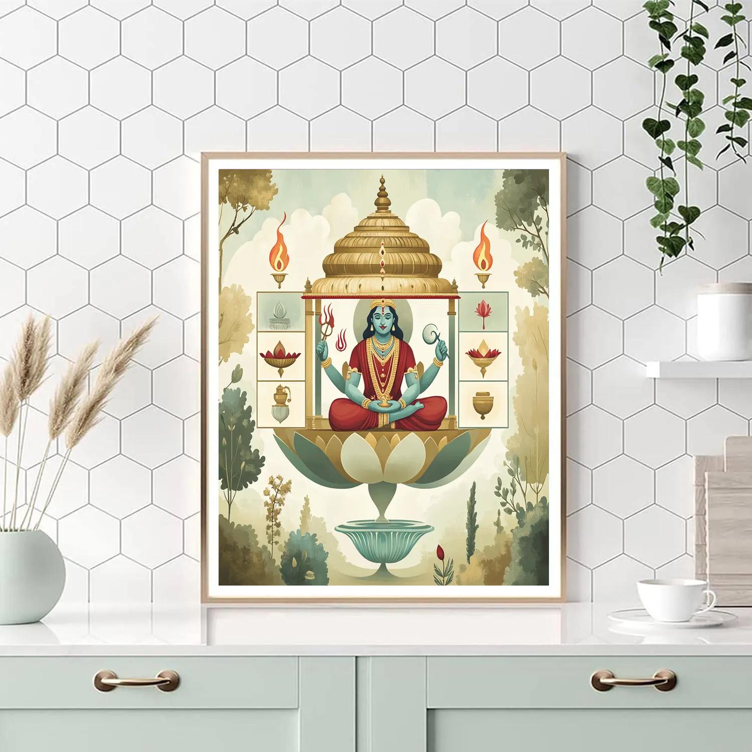 Vishnu And The Four Element Lotus Pavilion paint by color