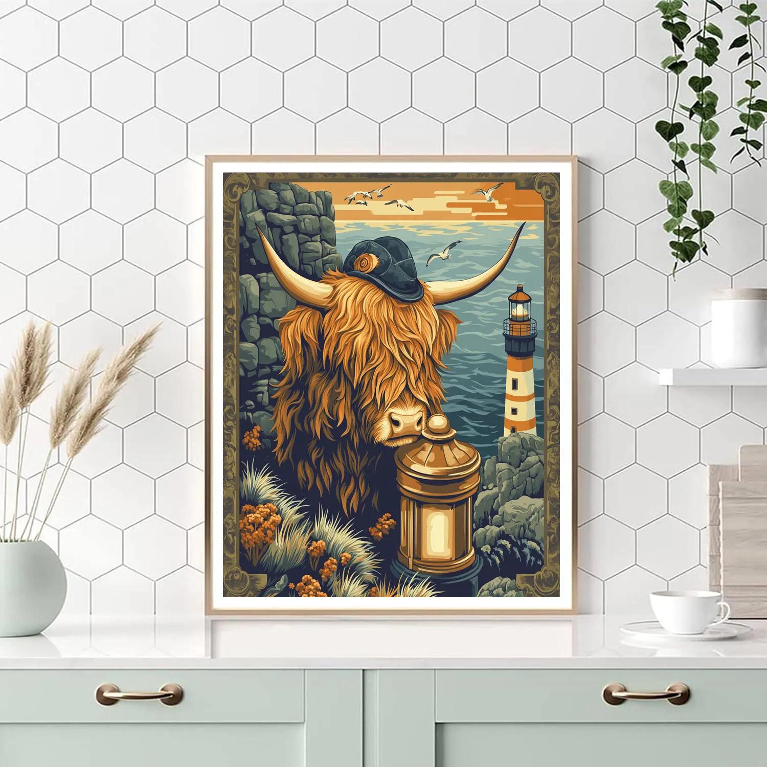 Highland Cow Lighthouse Keeper painting number kit
