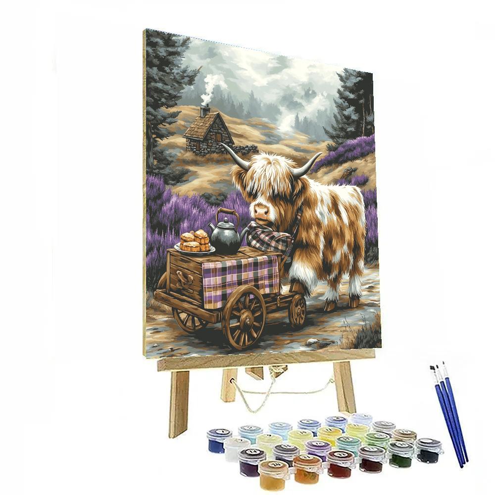 Tea Trolley In The Glen With Highland Cow paint by numbers