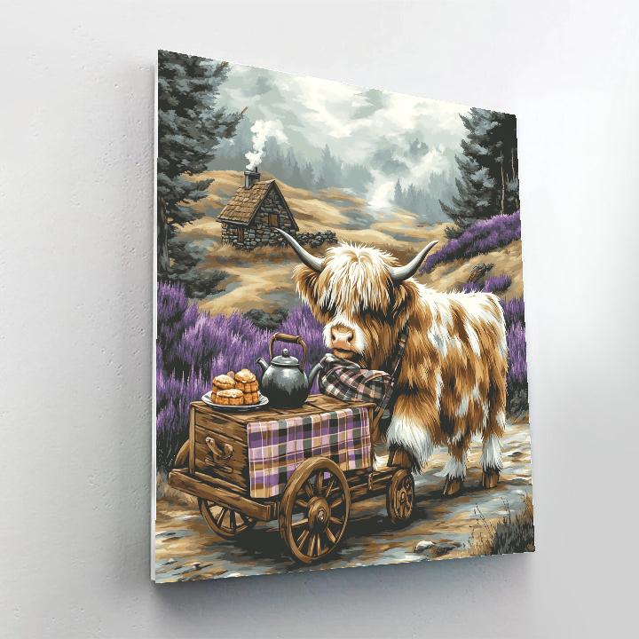 Tea Trolley In The Glen With Highland Cow paint by numbers