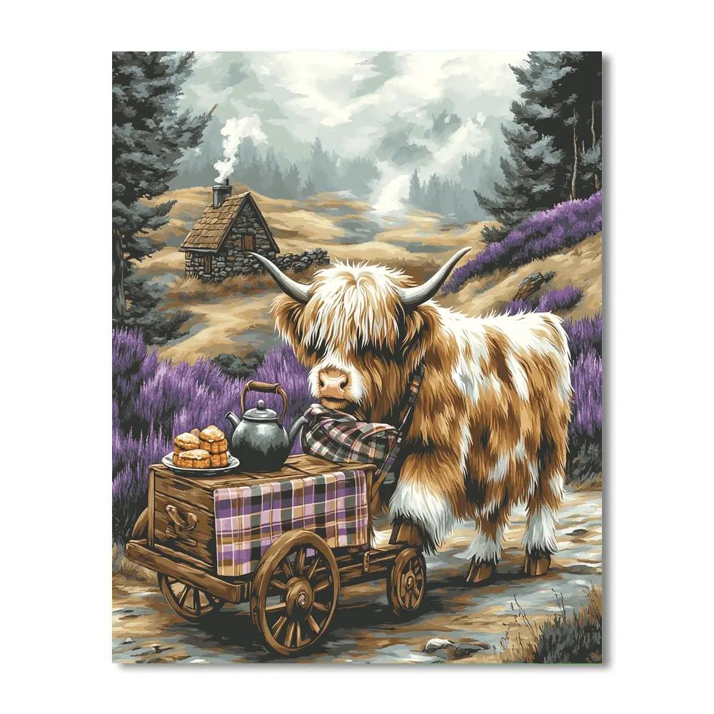 Tea Trolley In The Glen With Highland Cow paint by numbers