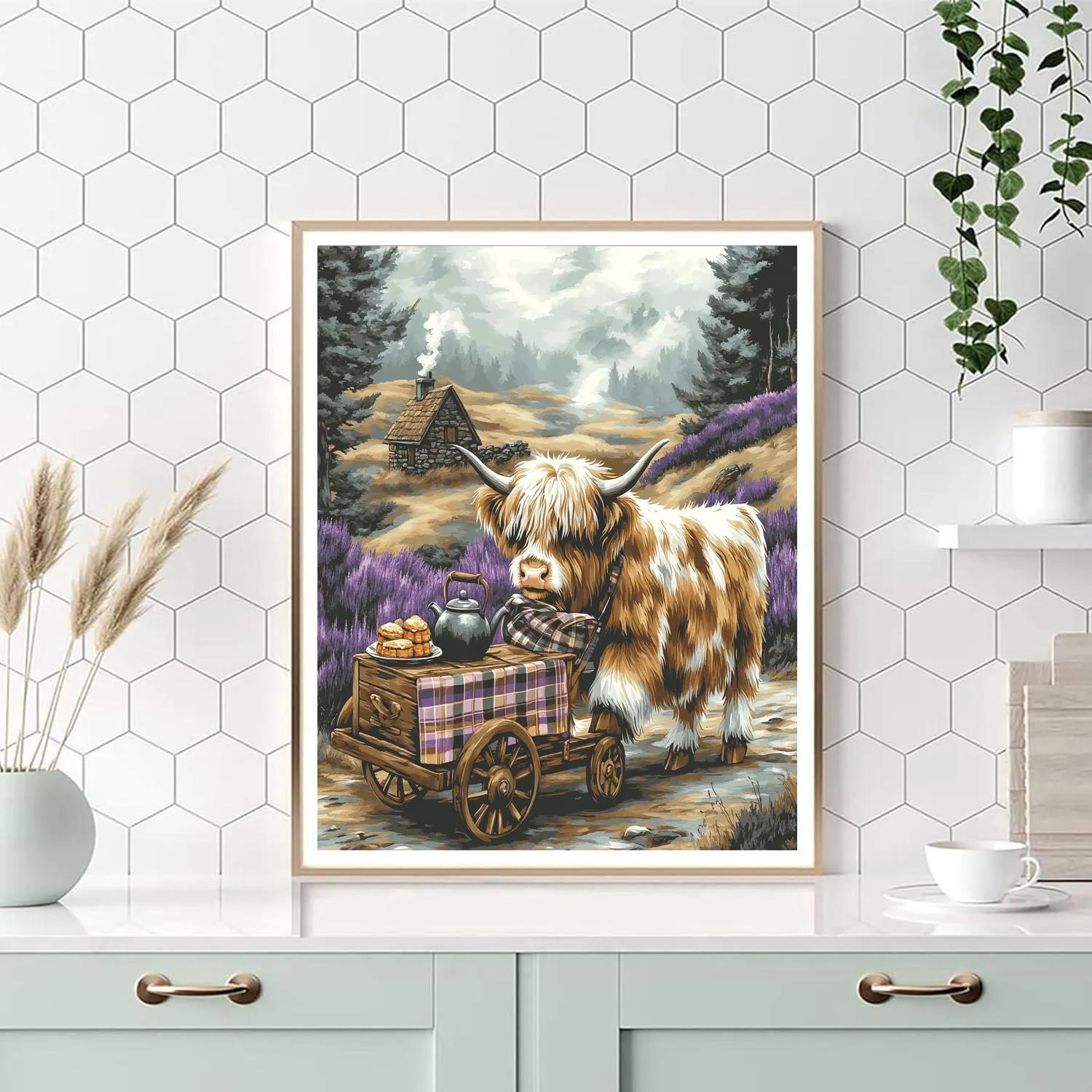 Tea Trolley In The Glen With Highland Cow paint by numbers