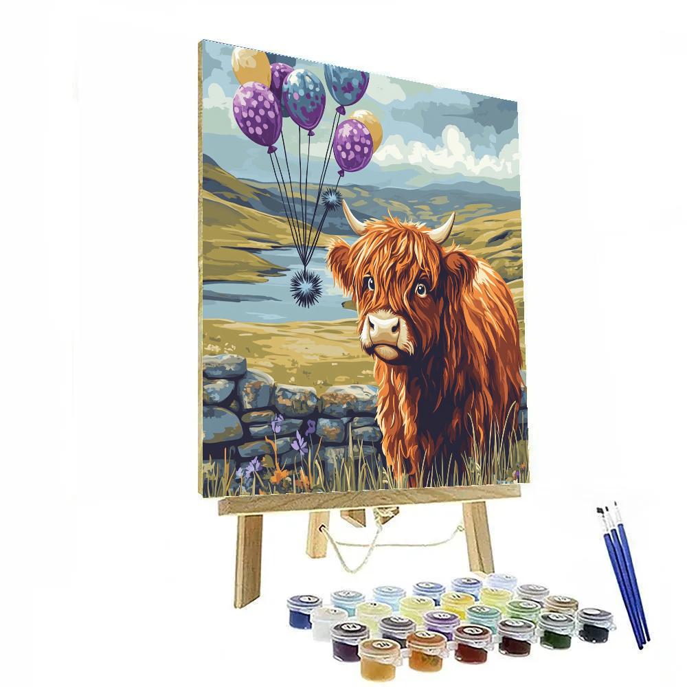 Highland Cow And The Floating Thistle Balloons Paint by numbers art