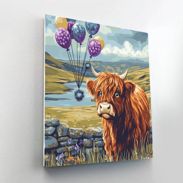Highland Cow And The Floating Thistle Balloons Paint by numbers art