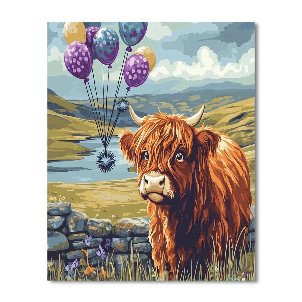 Highland Cow And The Floating Thistle Balloons Paint by numbers art