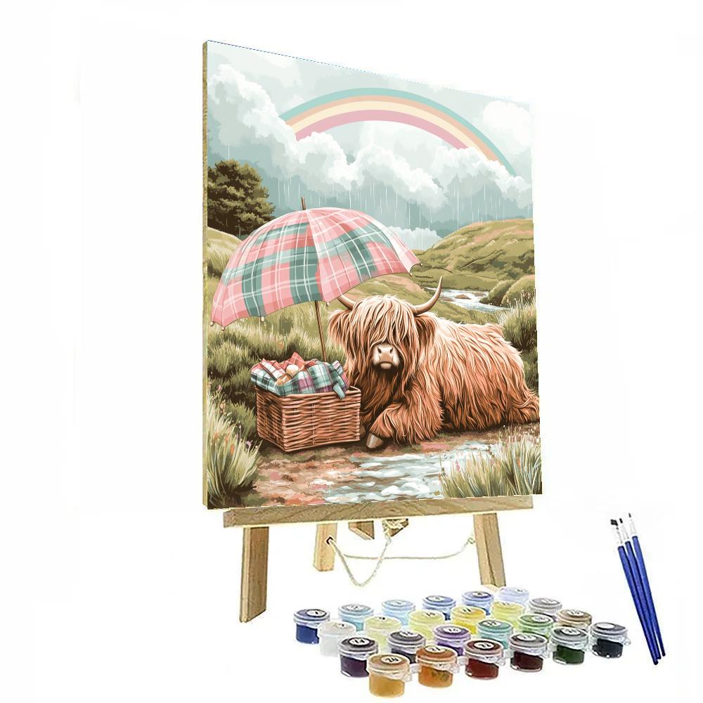 Highland Cow Picnic Under A Rainbow Drizzle painting number kit