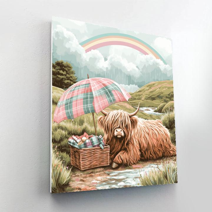 Highland Cow Picnic Under A Rainbow Drizzle painting number kit