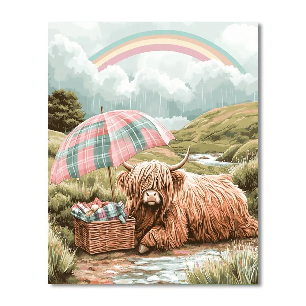 Highland Cow Picnic Under A Rainbow Drizzle painting number kit