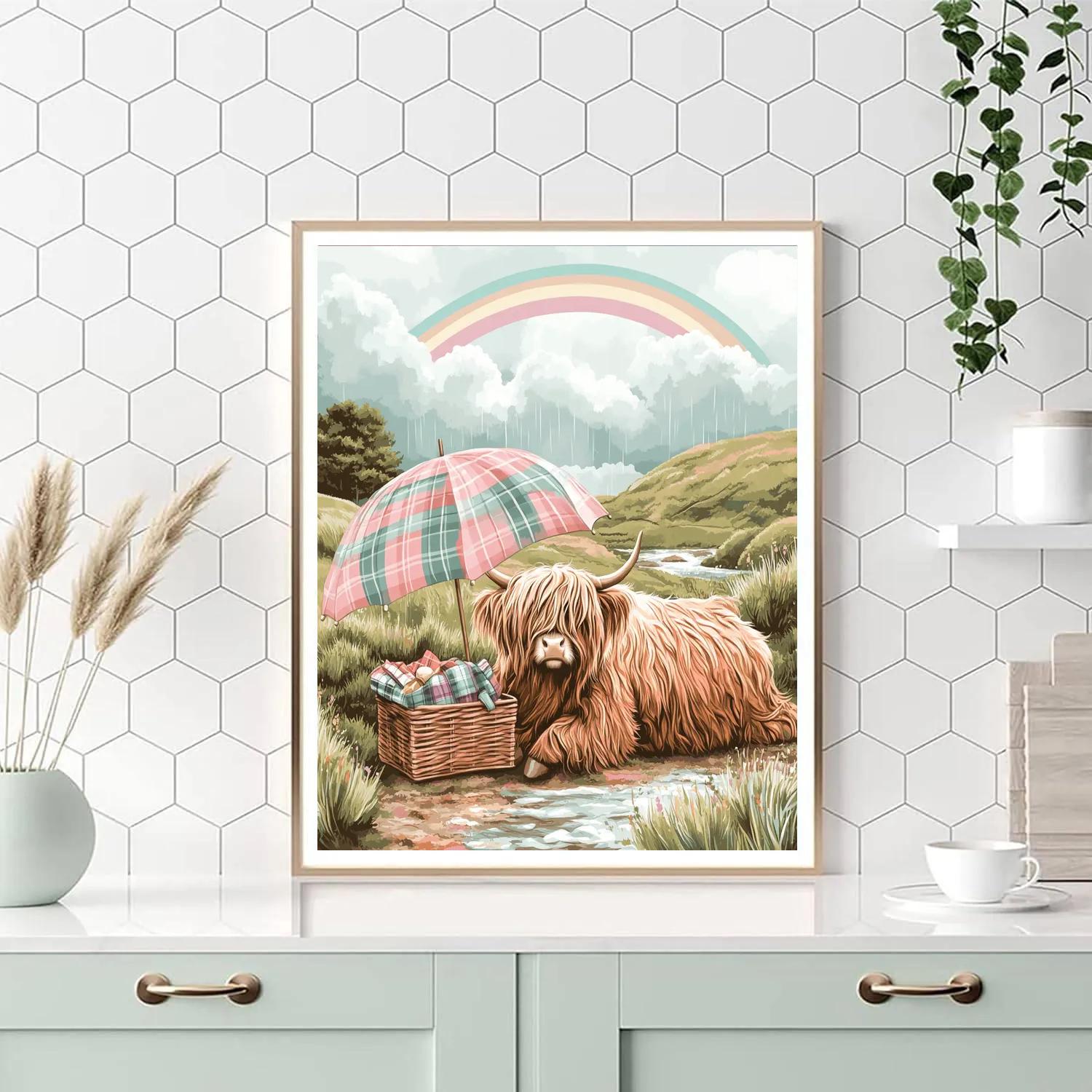 Highland Cow Picnic Under A Rainbow Drizzle painting number kit
