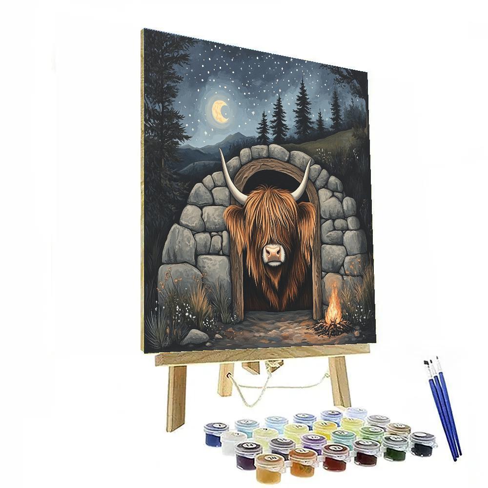 Moonlit Bothy Doorway Highland Cow Number painting