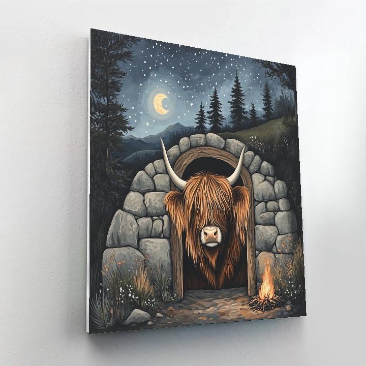 Moonlit Bothy Doorway Highland Cow Number painting