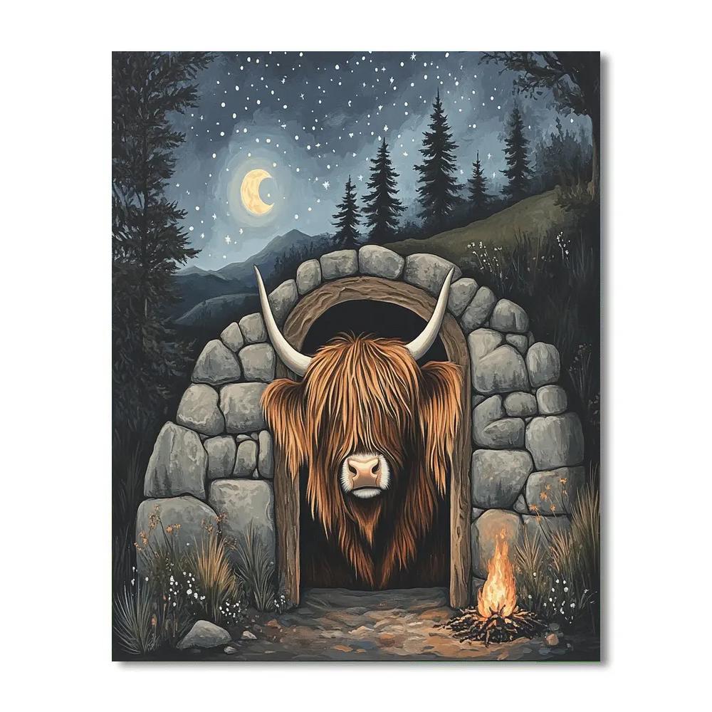 Moonlit Bothy Doorway Highland Cow Number painting