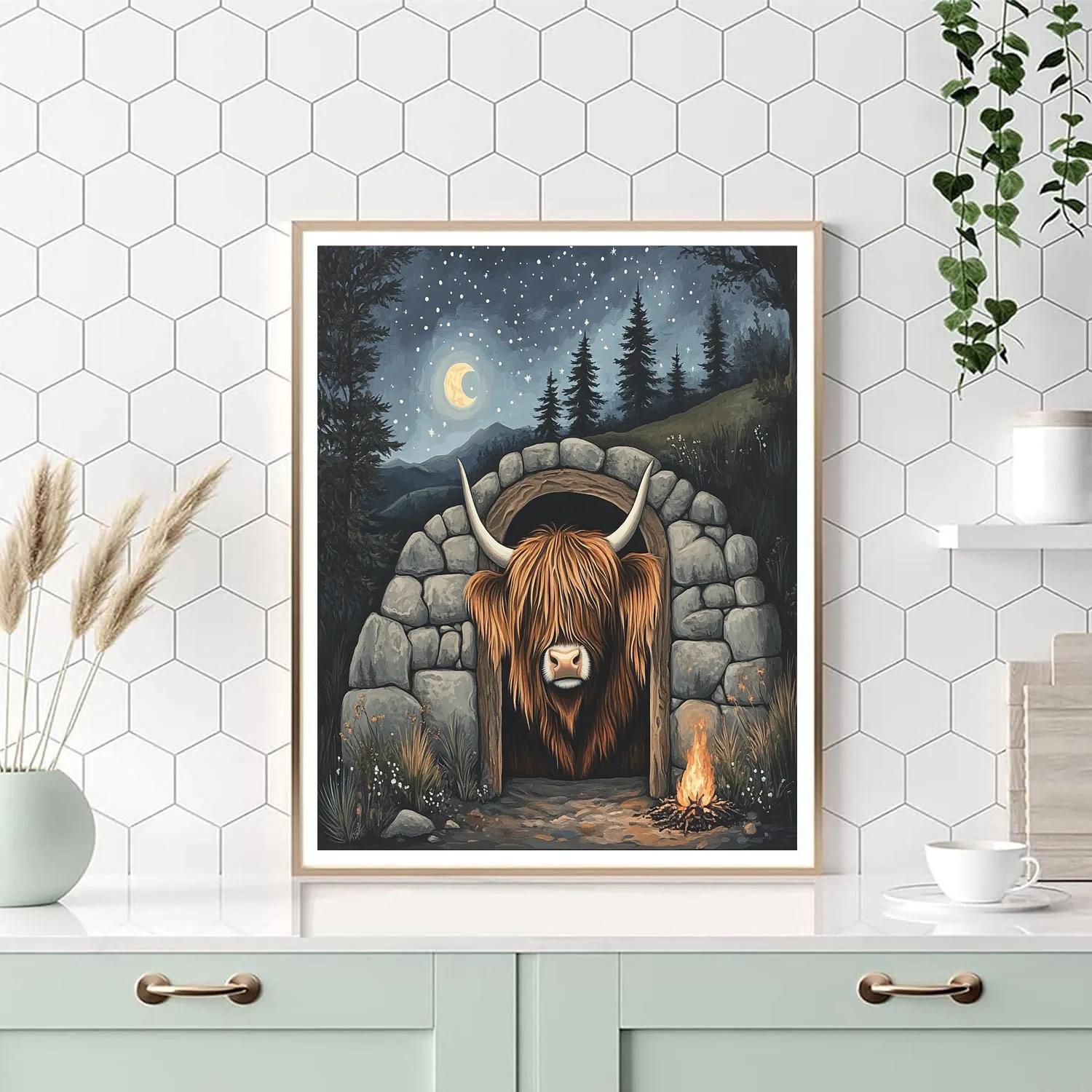 Moonlit Bothy Doorway Highland Cow Number painting
