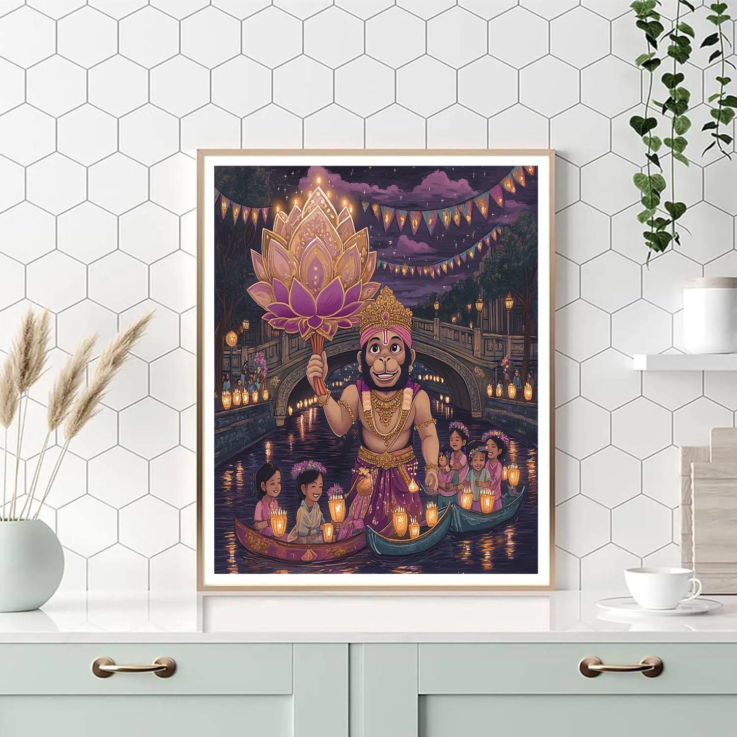 Hanuman Lotus Lantern Parade Evening Glow paint by number