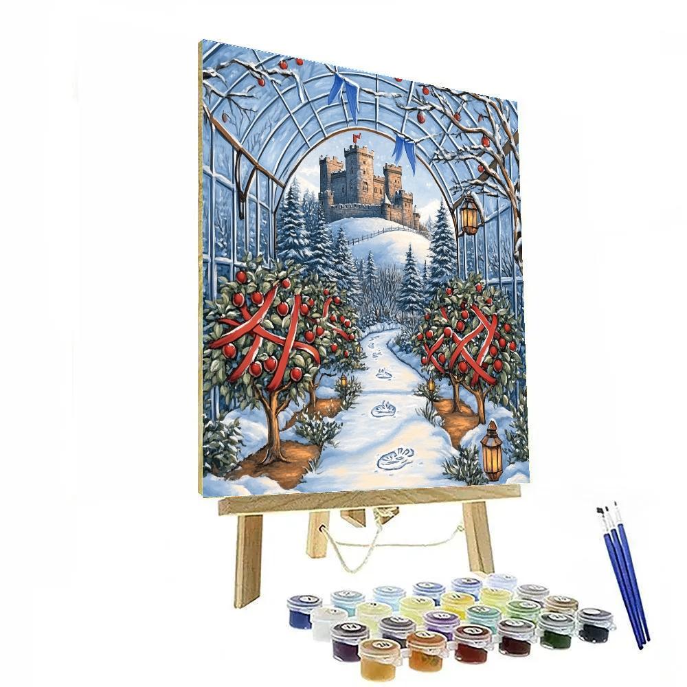 Winter Orchard With Castle Beyond The Glass paint by numbers