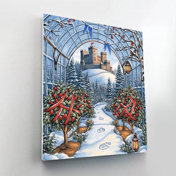 Winter Orchard With Castle Beyond The Glass paint by numbers