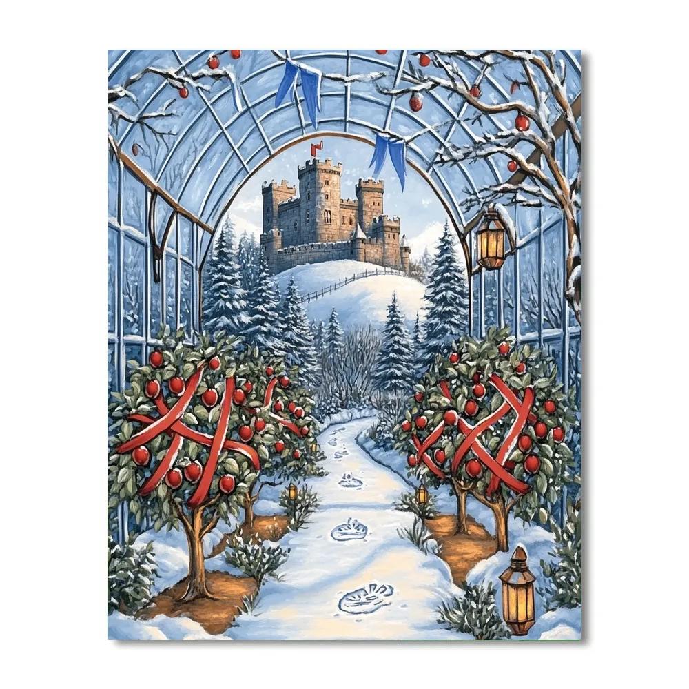 Winter Orchard With Castle Beyond The Glass paint by numbers