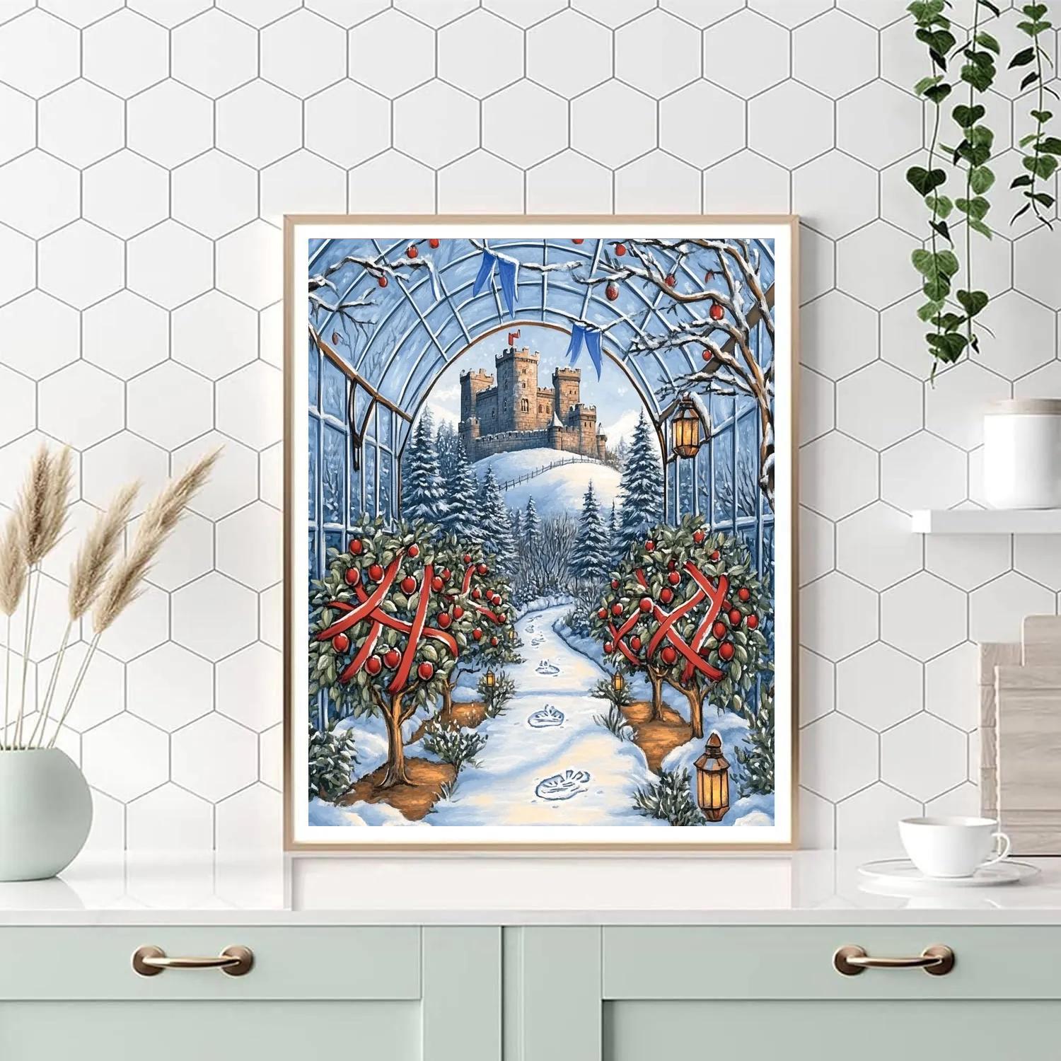 Winter Orchard With Castle Beyond The Glass paint by numbers