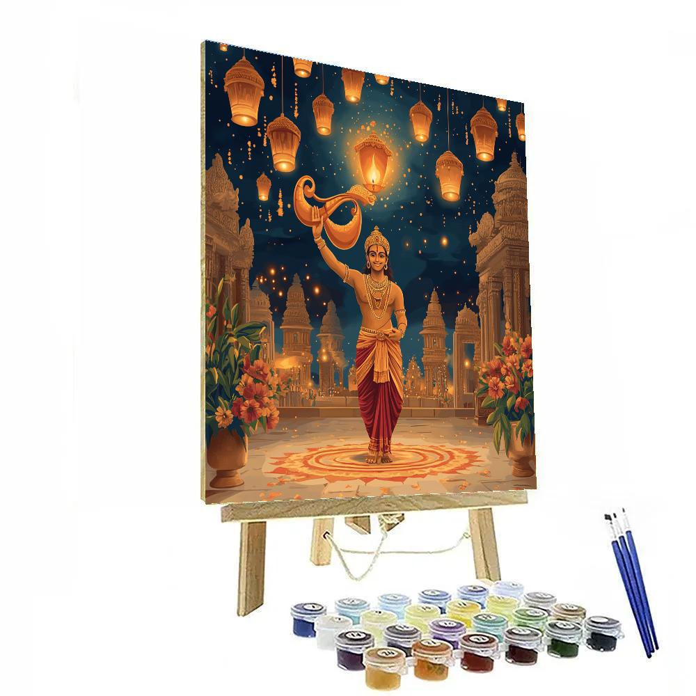 Temple Courtyard With Rama Sky Lanterns Painting by numbers kit