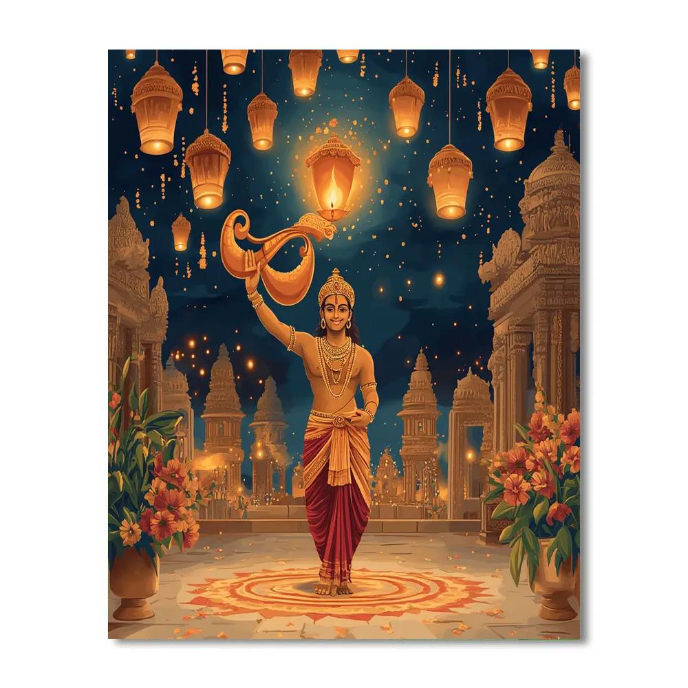 Temple Courtyard With Rama Sky Lanterns Painting by numbers kit