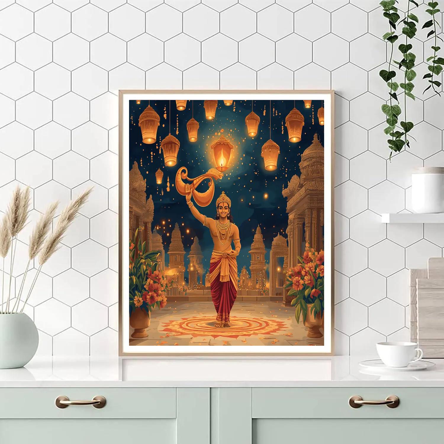 Temple Courtyard With Rama Sky Lanterns Painting by numbers kit