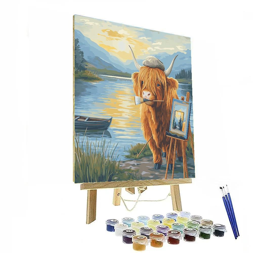 Highland Cow Postcard Painter By The Loch painting number kit