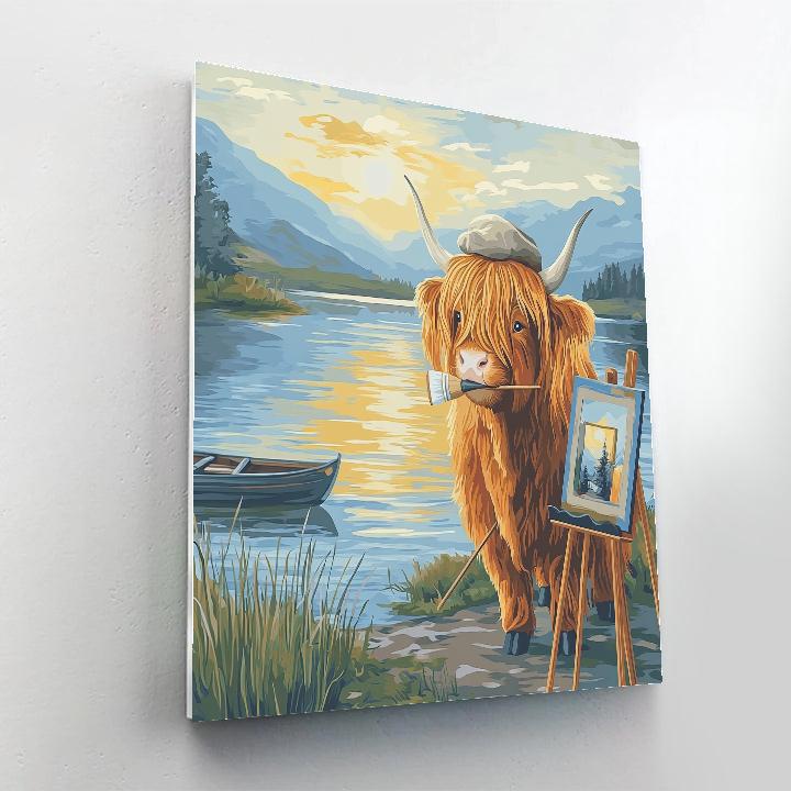 Highland Cow Postcard Painter By The Loch painting number kit