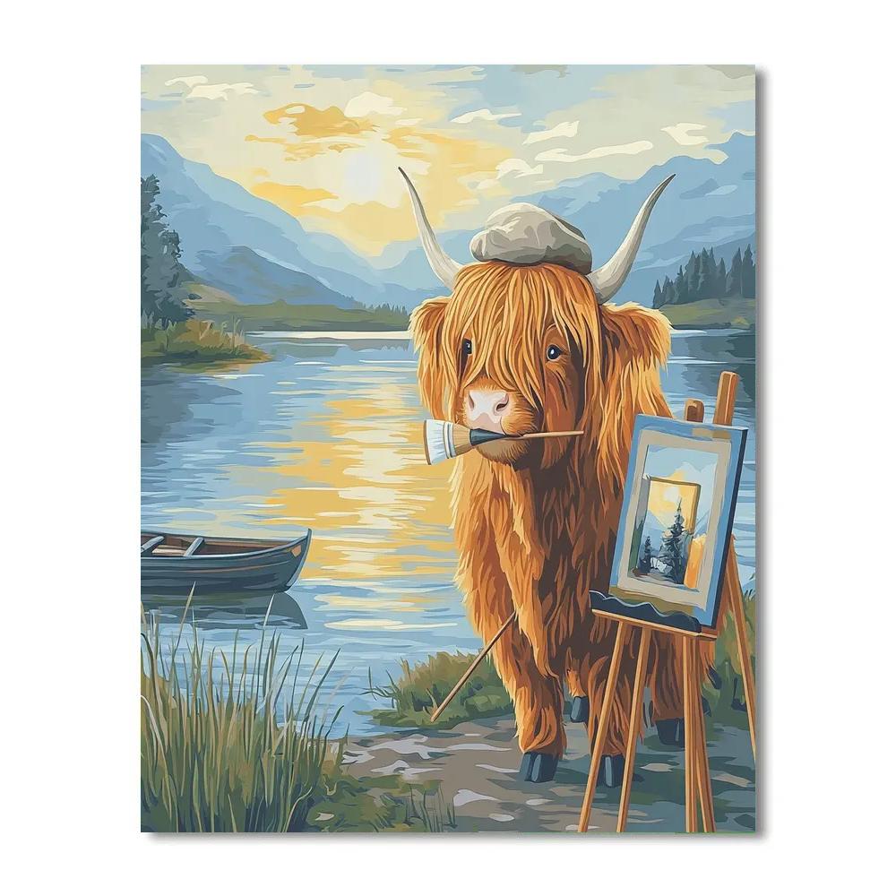 Highland Cow Postcard Painter By The Loch painting number kit