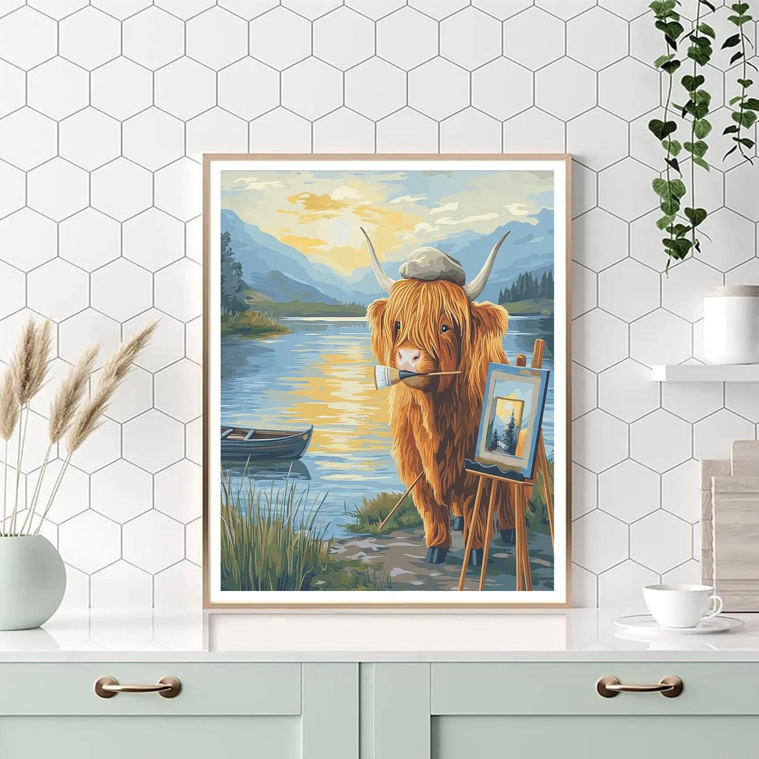 Highland Cow Postcard Painter By The Loch painting number kit