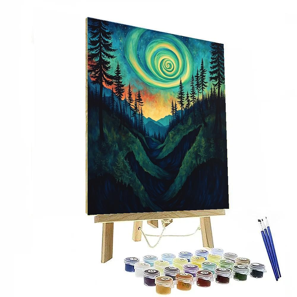 Edvard Munch Inspired Aurora Spiral Above A Whispering Pine Ravine Numbered painting kits