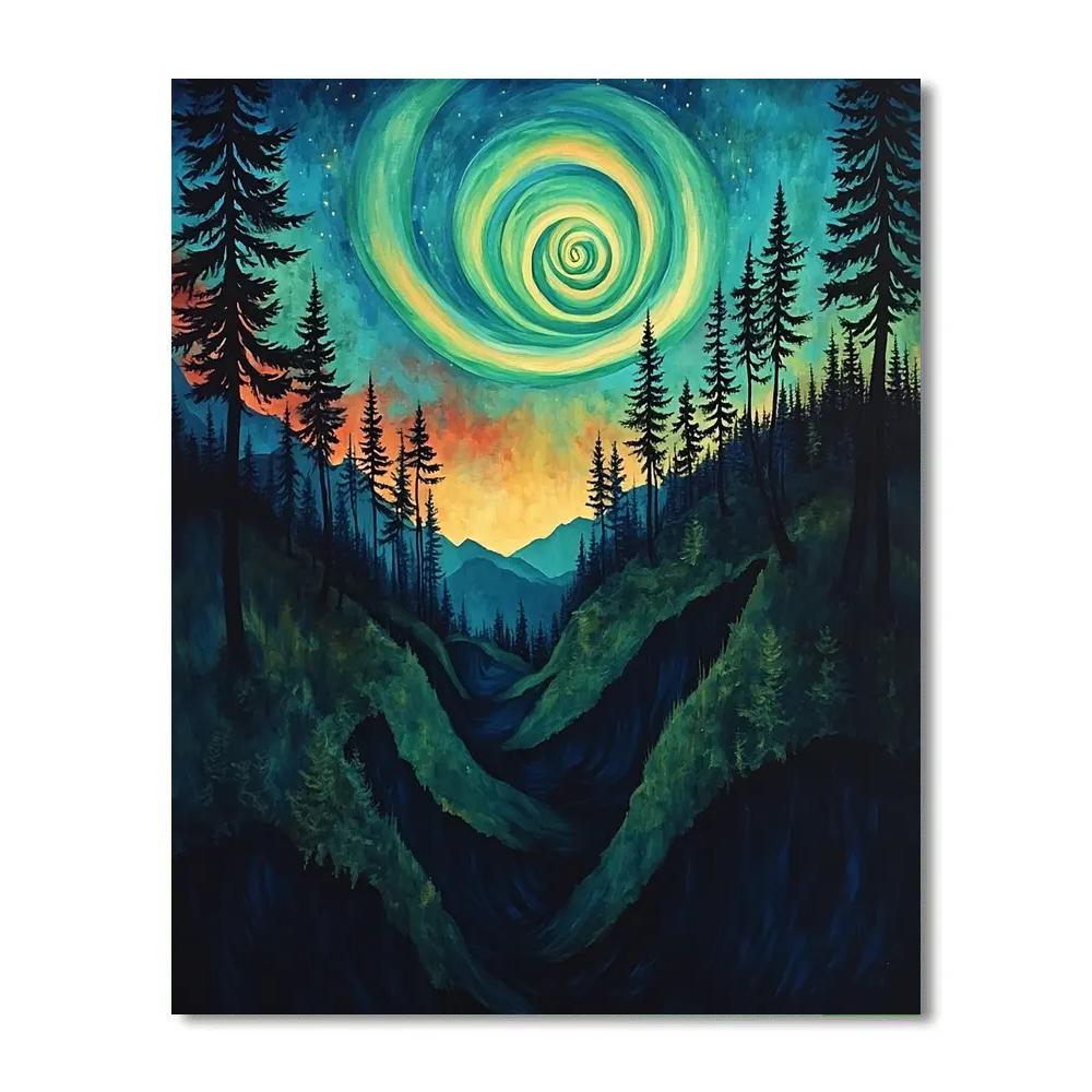 Edvard Munch Inspired Aurora Spiral Above A Whispering Pine Ravine Numbered painting kits