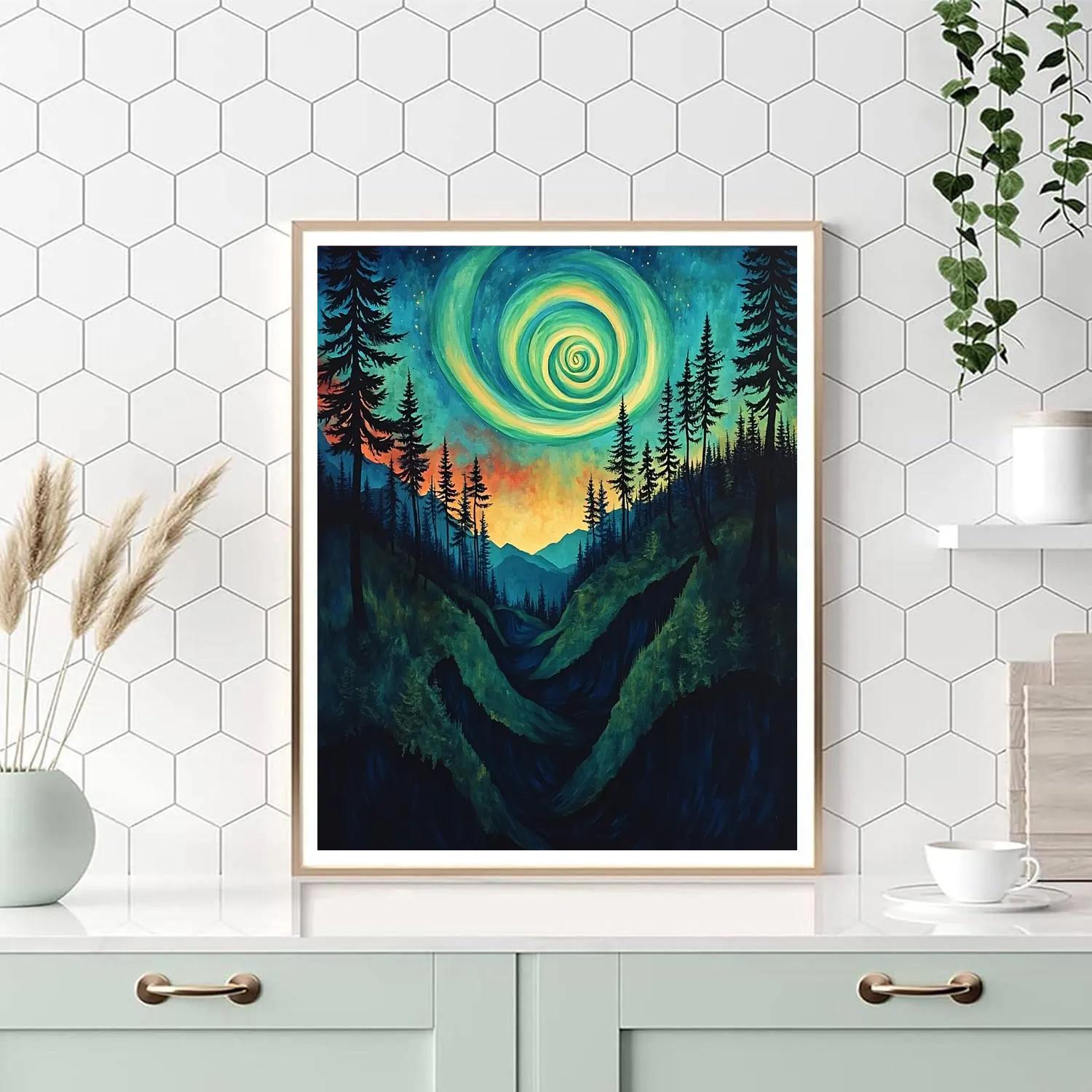 Edvard Munch Inspired Aurora Spiral Above A Whispering Pine Ravine Numbered painting kits