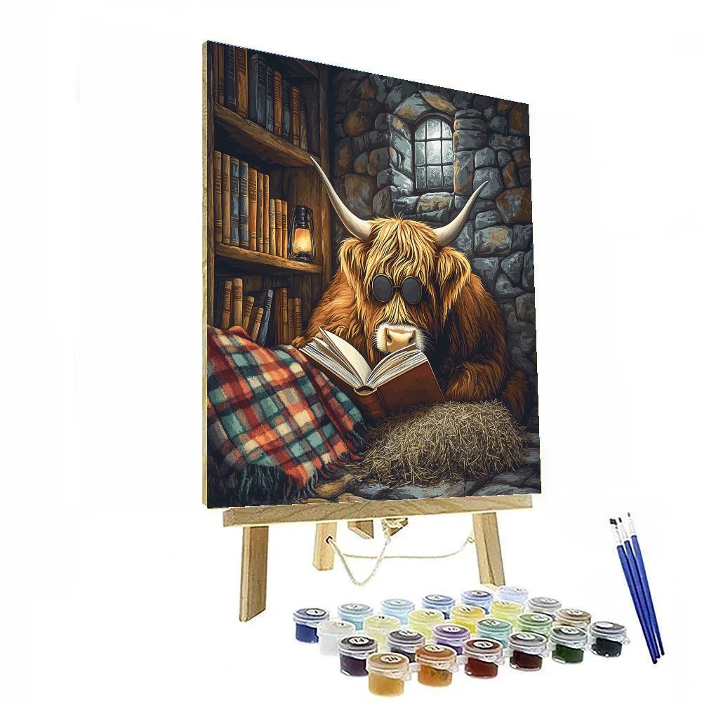 Highland Cow Library Nook In A Stone Barn Painting by numbers kit