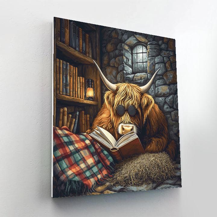 Highland Cow Library Nook In A Stone Barn Painting by numbers kit