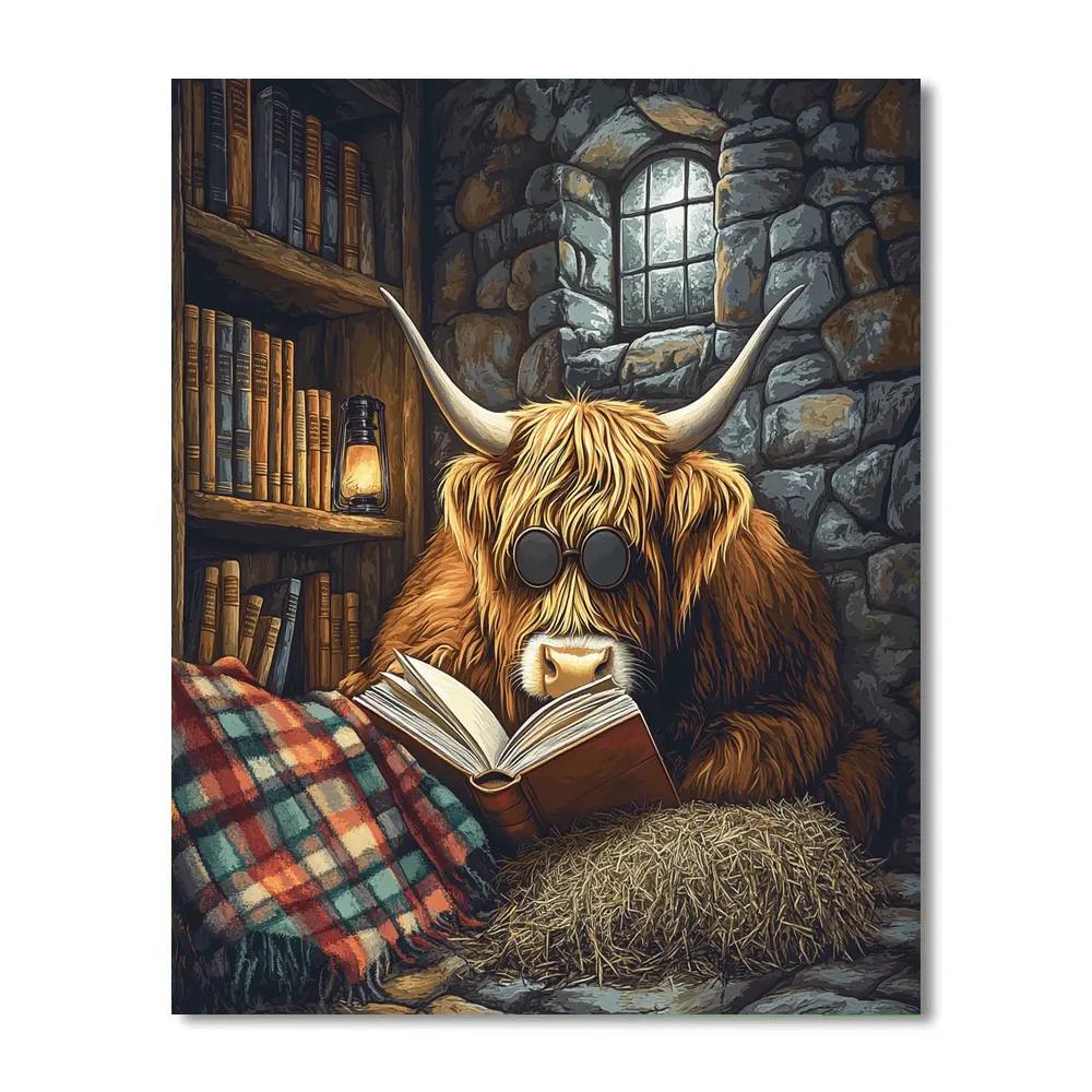 Highland Cow Library Nook In A Stone Barn Painting by numbers kit