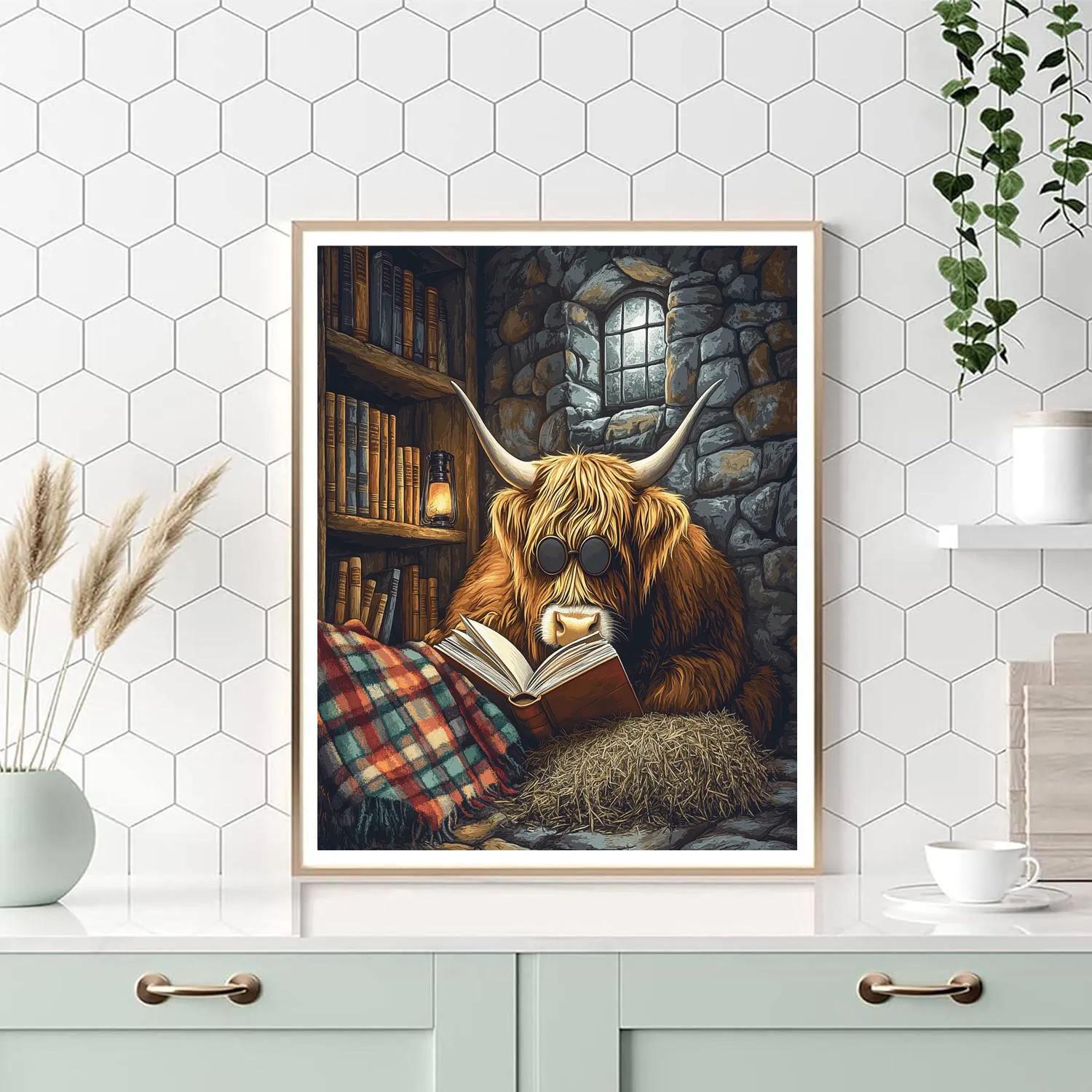 Highland Cow Library Nook In A Stone Barn Painting by numbers kit