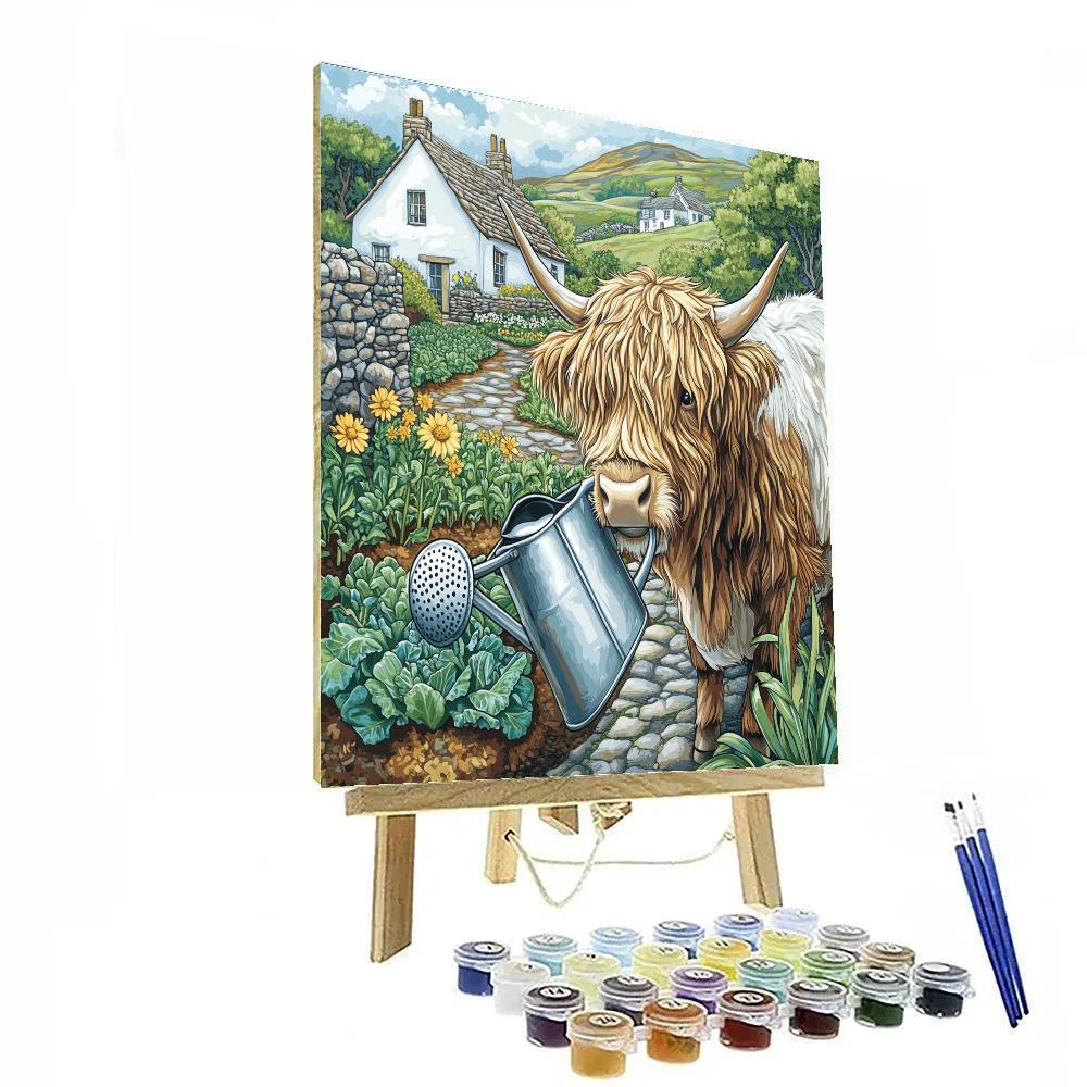 Crofthouse Garden With A Highland Cow Watering Can Paint by numbers art