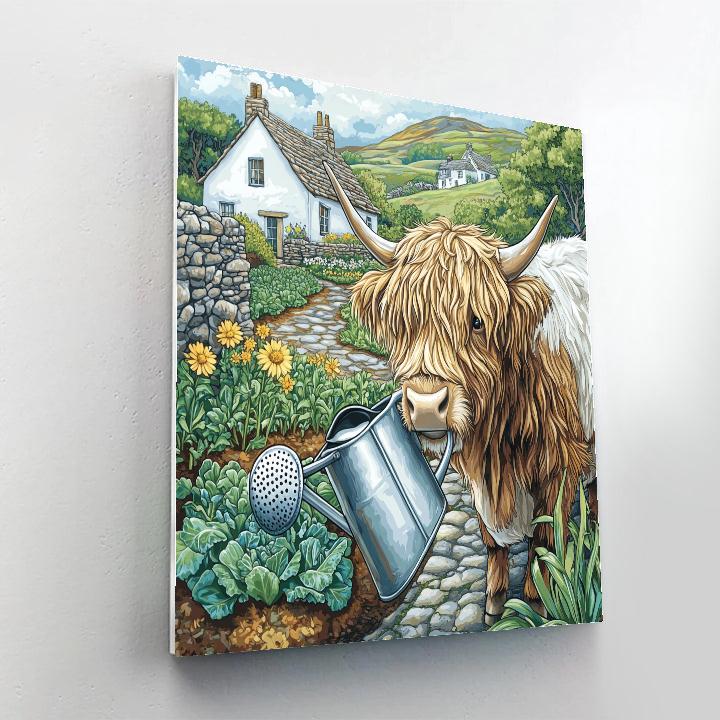 Crofthouse Garden With A Highland Cow Watering Can Paint by numbers art