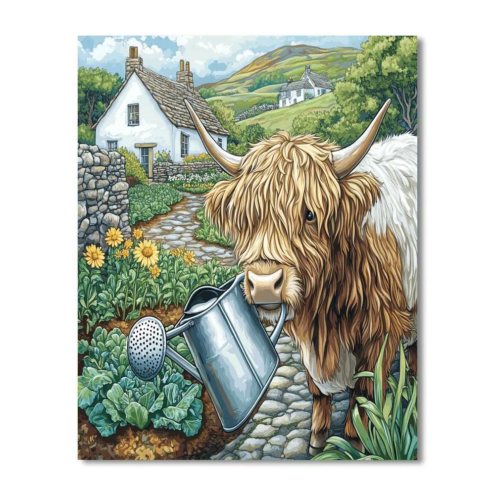 Crofthouse Garden With A Highland Cow Watering Can Paint by numbers art