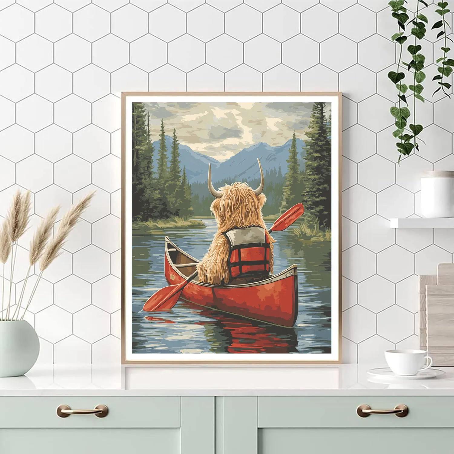 Highland Cow Canoe Guide On A Quiet Loch Number painting