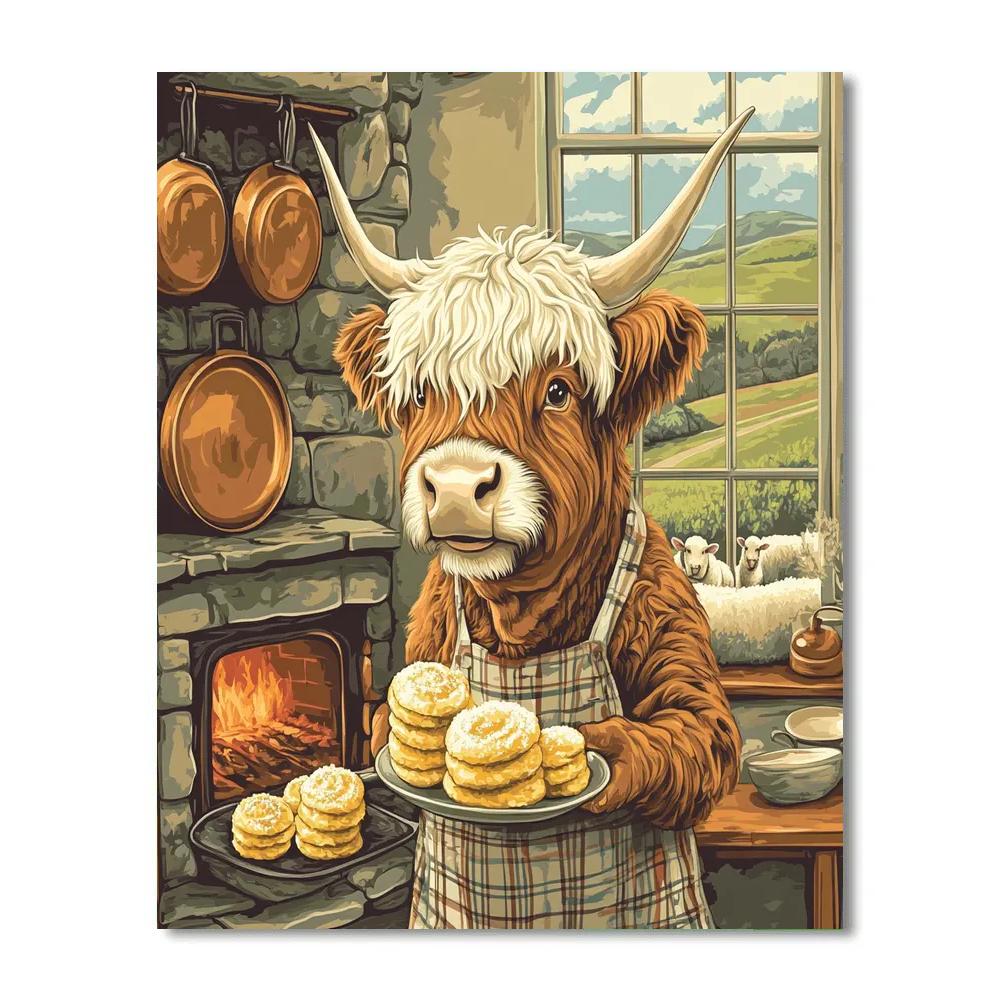 Baking Scones Beside The Highland Cow Hearth paint by numbers
