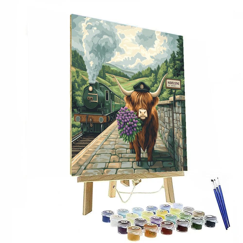 Highland Cow Vintage Train Platform Greeter paint by numbers