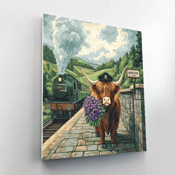 Highland Cow Vintage Train Platform Greeter paint by numbers