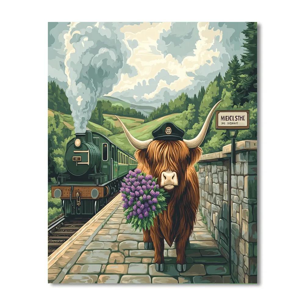 Highland Cow Vintage Train Platform Greeter paint by numbers
