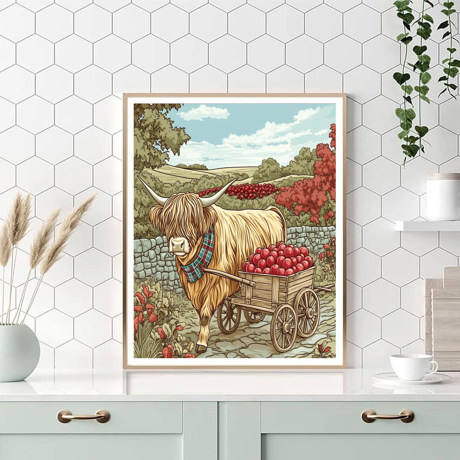 Highland Cow Orchard Apple Cart Ride Paint by numbers kits