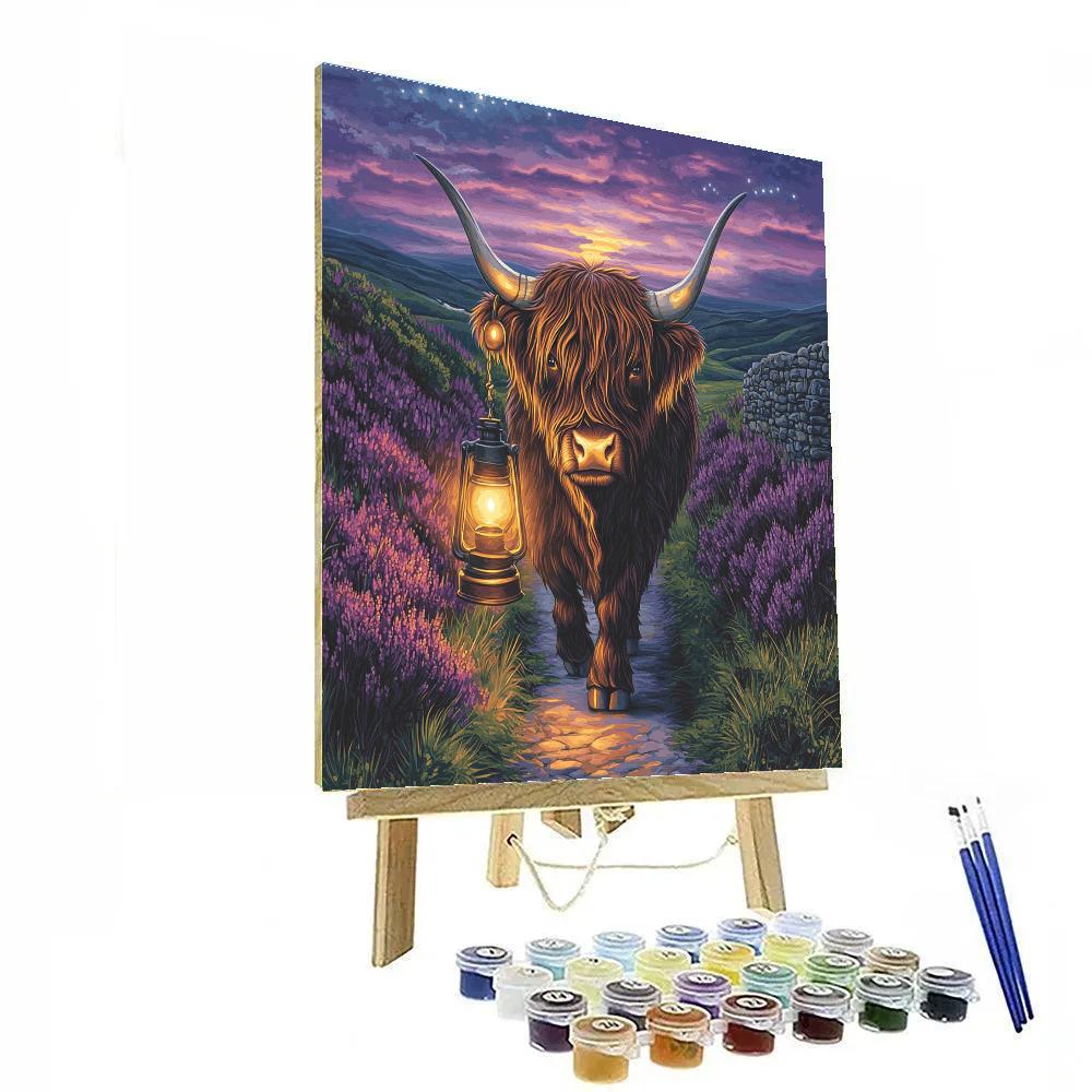 Night Lantern Walk Highland Cow Through Heather Paint by numbers kits