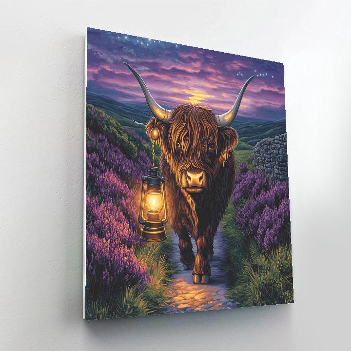 Night Lantern Walk Highland Cow Through Heather Paint by numbers kits