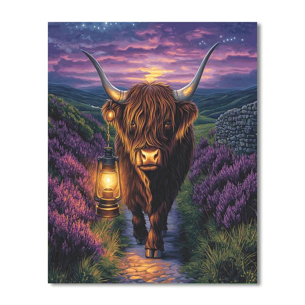 Night Lantern Walk Highland Cow Through Heather Paint by numbers kits